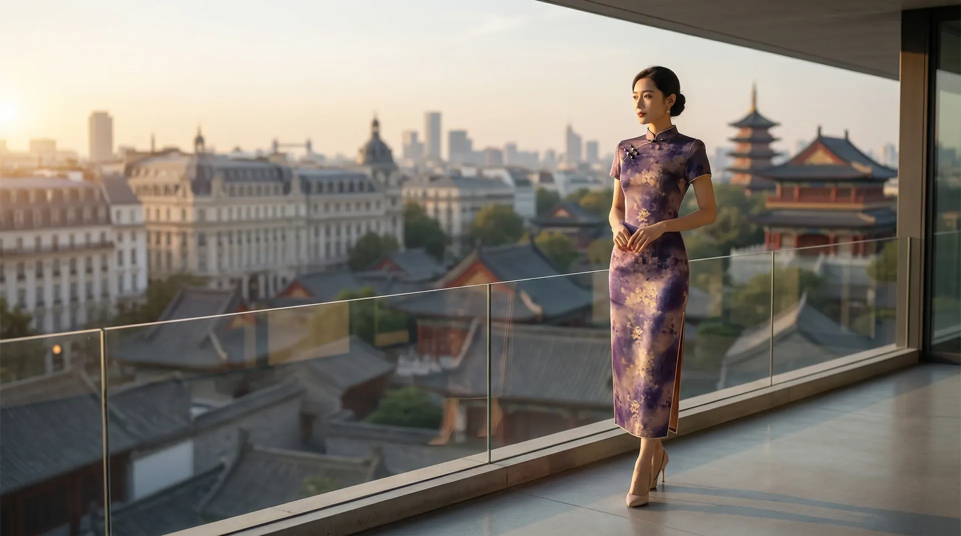 Modelo luciendo el qipao Amethyst Haze de Chengdu Qipao en seda violeta