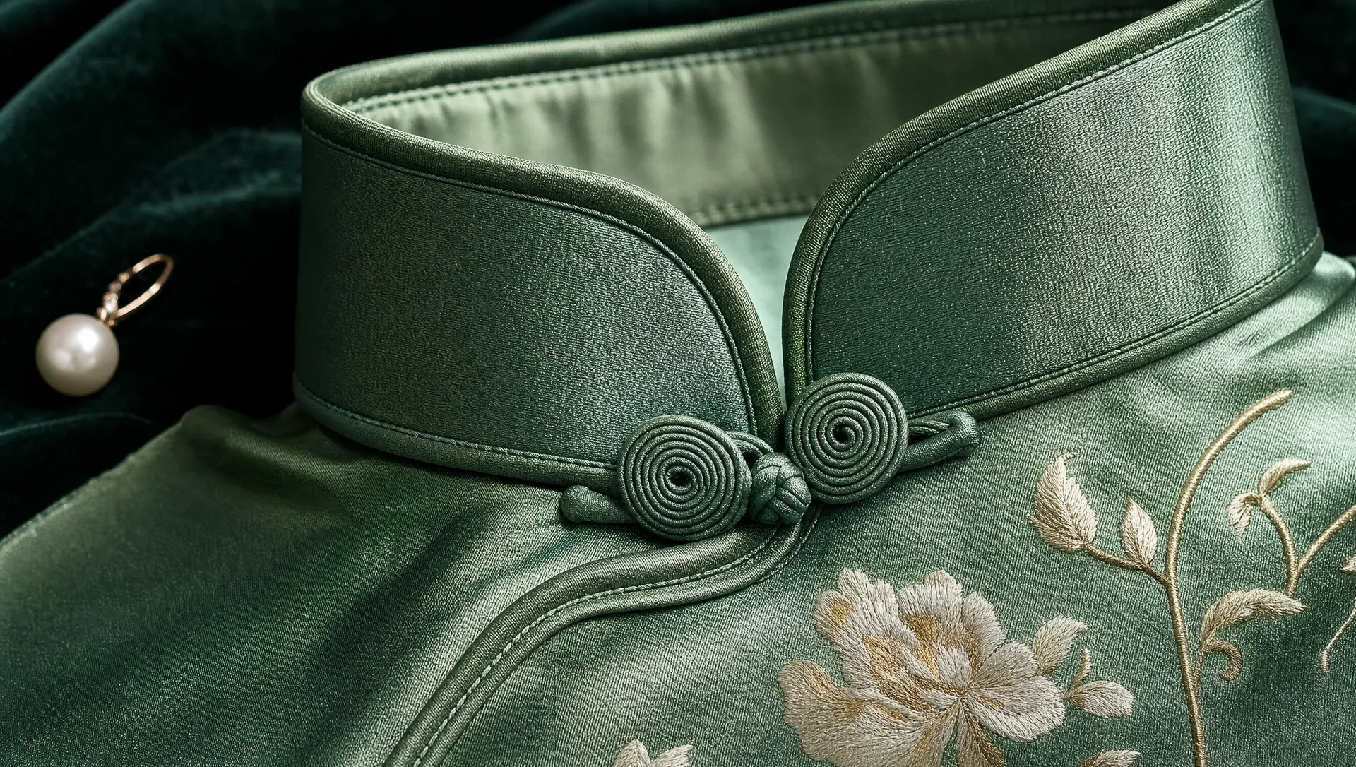 Detalle de cuello mao con botón pankou artesanal en seda jade